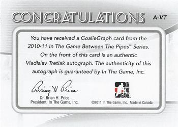 2010-11 In The Game Between The Pipes - Autographs #A-VT Vladislav Tretiak Back