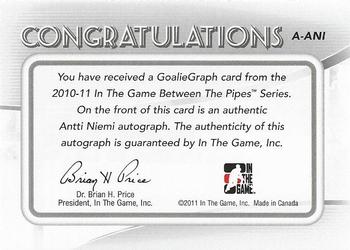2010-11 In The Game Between The Pipes - Autographs #A-ANI Antti Niemi Back