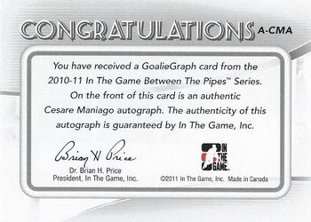 2010-11 In The Game Between The Pipes - Autographs #A-CMA Cesare Maniago  Back