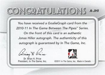 2010-11 In The Game Between The Pipes - Autographs #A-JHI Jonas Hiller  Back