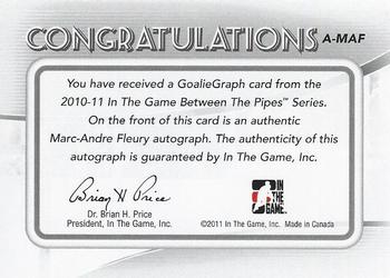 2010-11 In The Game Between The Pipes - Autographs #A-MAF Marc-Andre Fleury Back