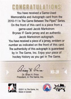 2010-11 In The Game Between The Pipes - Emblem and Autograph Black #MA-JM Jacob Markstrom Back