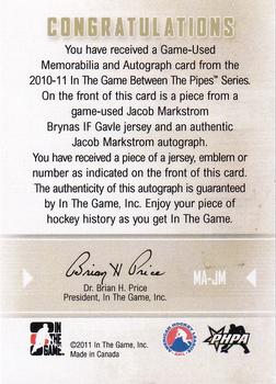 2010-11 In The Game Between The Pipes - Emblem and Autograph Silver #MA-JM Jacob Markstrom Back