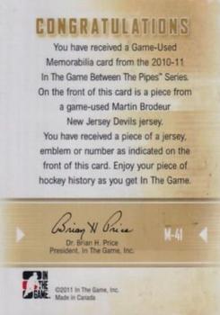 2010-11 In The Game Between The Pipes - Game-Used Emblem Gold #M-41 Martin Brodeur Back