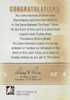 2010-11 In The Game Between The Pipes - Game-Used Emblem Gold #M-67 Tuukka Rask Back