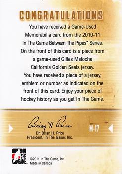 2010-11 In The Game Between The Pipes - Game-Used Emblem Silver #M-17 Gilles Meloche Back