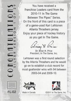 2010-11 In The Game Between The Pipes - Franchise Leaders Jerseys Silver #FL-02 Kari Lehtonen Back