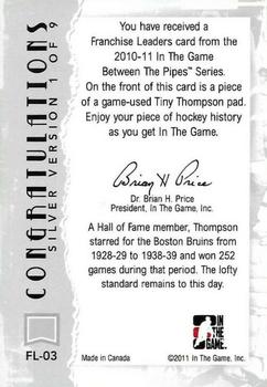 2010-11 In The Game Between The Pipes - Franchise Leaders Jerseys Silver #FL-03 Tiny Thompson Back