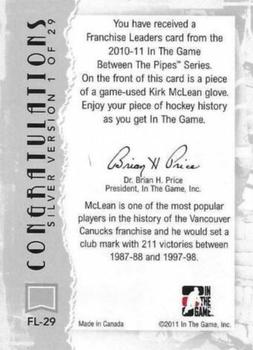 2010-11 In The Game Between The Pipes - Franchise Leaders Jerseys Silver #FL-29 Kirk McLean Back