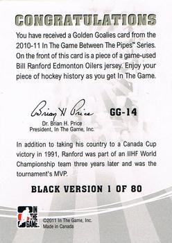 2010-11 In The Game Between The Pipes - Golden Goalies Jerseys Black #GG-14 Bill Ranford Back