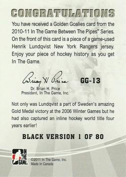 2010-11 In The Game Between The Pipes - Golden Goalies Jerseys Black #GG-13 Henrik Lundqvist Back