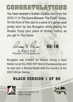 2010-11 In The Game Between The Pipes - Golden Goalies Jerseys Black #GG-18 Ilya Bryzgalov Back