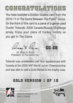 2010-11 In The Game Between The Pipes - Golden Goalies Jerseys Gold #GG-28 Dustin Tokarski Back