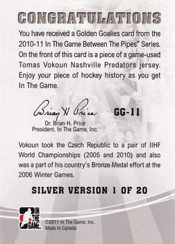 2010-11 In The Game Between The Pipes - Golden Goalies Jerseys Silver #GG-11 Tomas Vokoun Back