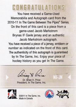 2010-11 In The Game Between The Pipes - Jerseys Autographs Black #MA-JM Jacob Markstrom  Back