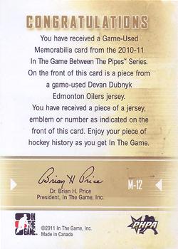 2010-11 In The Game Between The Pipes - Jerseys Black #M-12 Devan Dubnyk Back