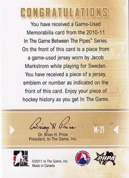2010-11 In The Game Between The Pipes - Jerseys Black #M-21 Jacob Markstrom Back