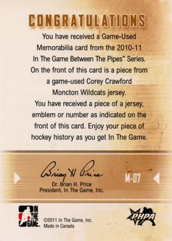 2010-11 In The Game Between The Pipes - Jerseys Gold #M-07 Corey Crawford  Back