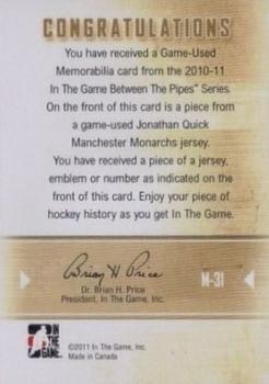 2010-11 In The Game Between The Pipes - Jerseys Gold #M-31 Jonathan Quick  Back