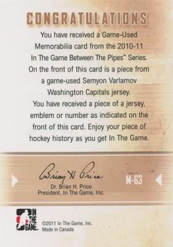 2010-11 In The Game Between The Pipes - Jerseys Gold #M-63 Semyon Varlamov  Back