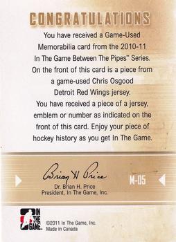 2010-11 In The Game Between The Pipes - Jerseys Silver #M-05 Chris Osgood  Back