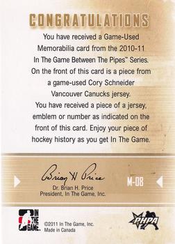 2010-11 In The Game Between The Pipes - Jerseys Silver #M-08 Cory Schneider  Back