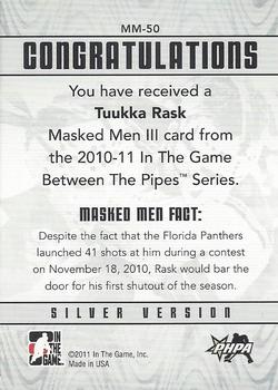 2010-11 In The Game Between The Pipes - Masked Men III Silver #MM-50 Tuukka Rask  Back