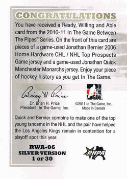 2010-11 In The Game Between The Pipes - Ready Willing and Able Jerseys Silver #RWA-06 Jonathan Quick / Jonathan Bernier  Back