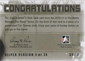 2010-11 In The Game Between The Pipes - Stick Save Silver #SS-18 Tim Thomas  Back