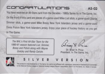 2010-11 In The Game Decades 1980s - All-Stars Jerseys Silver #AS-02 Mike Liut / Charlie Simmer / Mike Bossy / Denis Potvin  Back