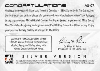 2010-11 In The Game Decades 1980s - All-Stars Jerseys Silver #AS-07 John Vanbiesbrouck / Michel Goulet / Mike Bossy / Paul Coffey  Back
