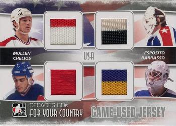 2010-11 In The Game Decades 1980s - For Your Country Jerseys Silver #FYCJ-05 Joe Mullen / Tony Esposito / Chris Chelios / Tom Barrasso  Front