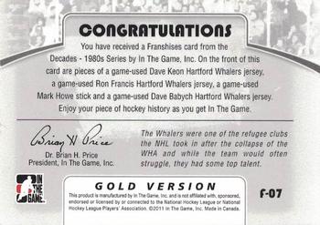 2010-11 In The Game Decades 1980s - Franchise Jerseys Gold #F-07 Dave Keon / Ron Francis / Mark Howe / Dave Babych  Back