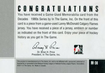 2010-11 In The Game Decades 1980s - Game Used Jerseys Gold #M38 Lanny McDonald  Back