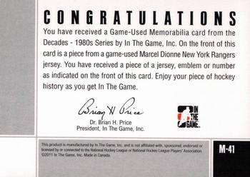 2010-11 In The Game Decades 1980s - Game Used Numbers Silver #M41 Marcel Dionne  Back