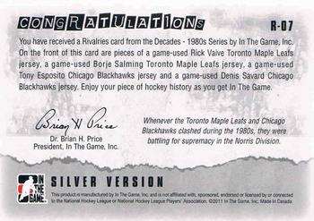 2010-11 In The Game Decades 1980s - Rivalries Jerseys Silver #R-07 Rick Vaive / Borje Salming / Tony Esposito / Denis Savard  Back