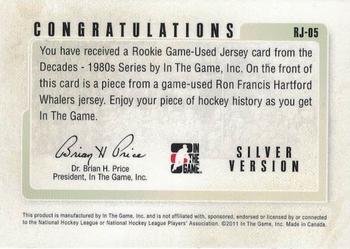 2010-11 In The Game Decades 1980s - Rookie Game Used Jerseys Gold #RJ-05 Ron Francis  Back