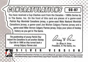 2010-11 In The Game Decades 1980s - Stanley Cup Clashes Jerseys Silver #CC-07 Patrick Roy / Mats Naslund / Joe Mullen / Mike Vernon  Back