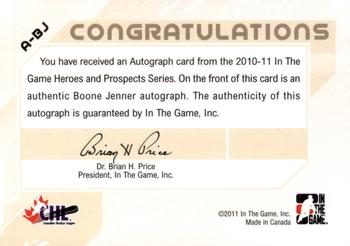 2010-11 In The Game Heroes and Prospects - Autographs #A-BJ Boone Jenner  Back