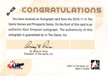 2010-11 In The Game Heroes and Prospects - Autographs #A-KS Kent Simpson  Back