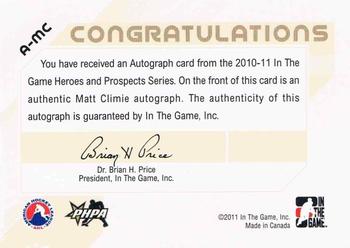 2010-11 In The Game Heroes and Prospects - Autographs #A-MC Matt Climie  Back