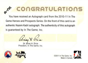 2010-11 In The Game Heroes and Prospects - Autographs #A-NK Nazem Kadri  Back