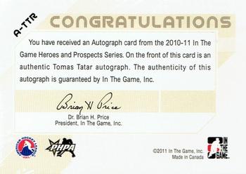 2010-11 In The Game Heroes and Prospects - Autographs #A-TTR Tomas Tatar  Back