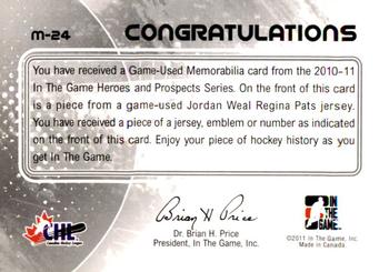 2010-11 In The Game Heroes and Prospects - Game Used Jerseys Black #M24 Jordan Weal  Back