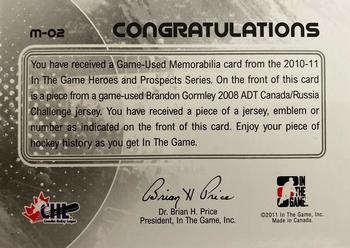 2010-11 In The Game Heroes and Prospects - Game Used Jerseys Gold #M02 Brandon Gormley  Back