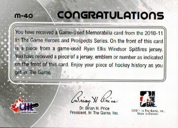 2010-11 In The Game Heroes and Prospects - Game Used Jerseys Gold #M40 Ryan Ellis  Back