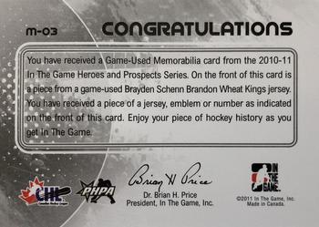 2010-11 In The Game Heroes and Prospects - Game Used Jerseys Silver #M03 Brayden Schenn  Back