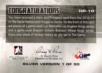 2010-11 In The Game Heroes and Prospects - Hero and Prospect Jerseys Silver #HP10 Brayden Schenn / Luc Robitaille  Back