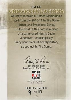 2010-11 In The Game Heroes and Prospects - Heroes Game Used Jerseys Gold #HM05 Henrik Sedin  Back