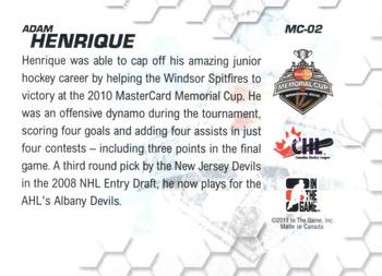 2010-11 In The Game Heroes and Prospects - Memorial Cup Champions #MC-02 Adam Henrique  Back